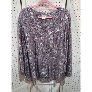 4/$20 Terra Sky Womens 1X Paisley Skull Print Button Up Long Sleeve Blouse Top